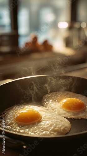 Sunny Side Up Eggs Cooking in Morning Light Kitchen