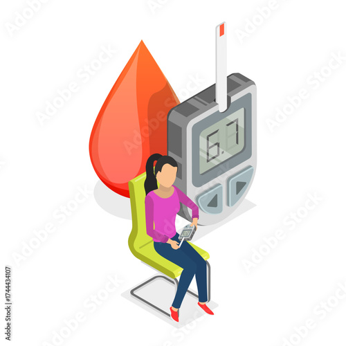 3D Isometric Flat Vector Illustration of Glucose Monitoring, Diabetes Mellitus. Item 3