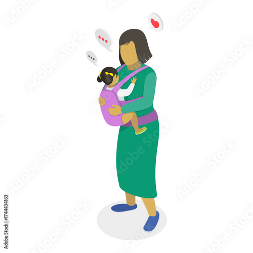 3D Isometric Flat Vector Illustration of Mothers Caring Childs in Baby Sling, Motherhood and Parenting. Item 3