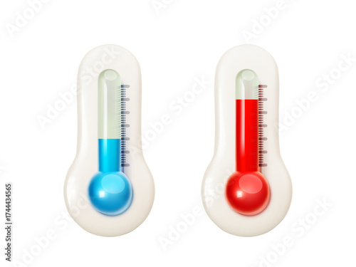Realistic glass 3d thermometer icons. Blue and red thermometers with different levels cold and hot temperature isolated on white background. Climate element for weather forecast. Vector illustration