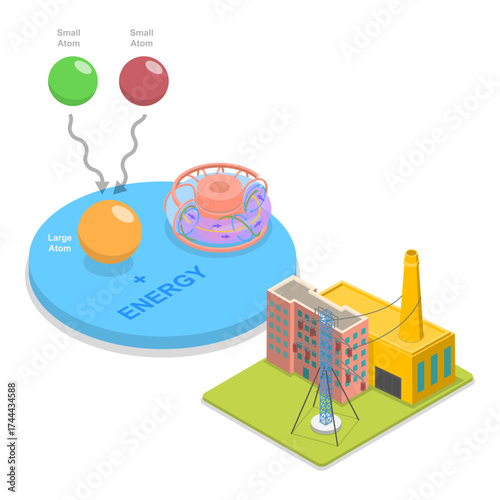 3D Isometric Flat Vector Illustration of Nuclear Energy Diagram, Fission Reaction. Item 2