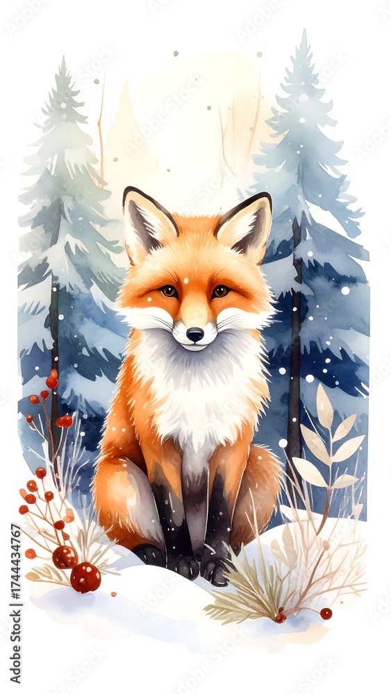 Fototapeta premium Cute fox in winter forest scene. Watercolor style