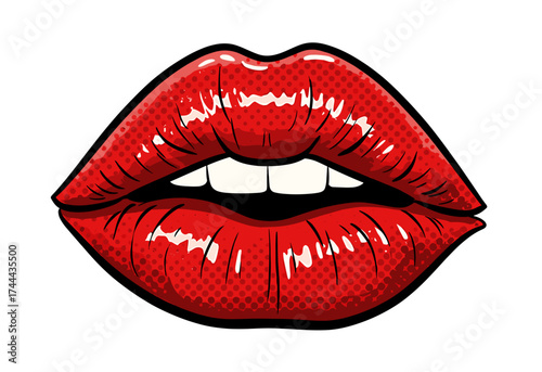 Red lips with gloss in pop art style on white background  