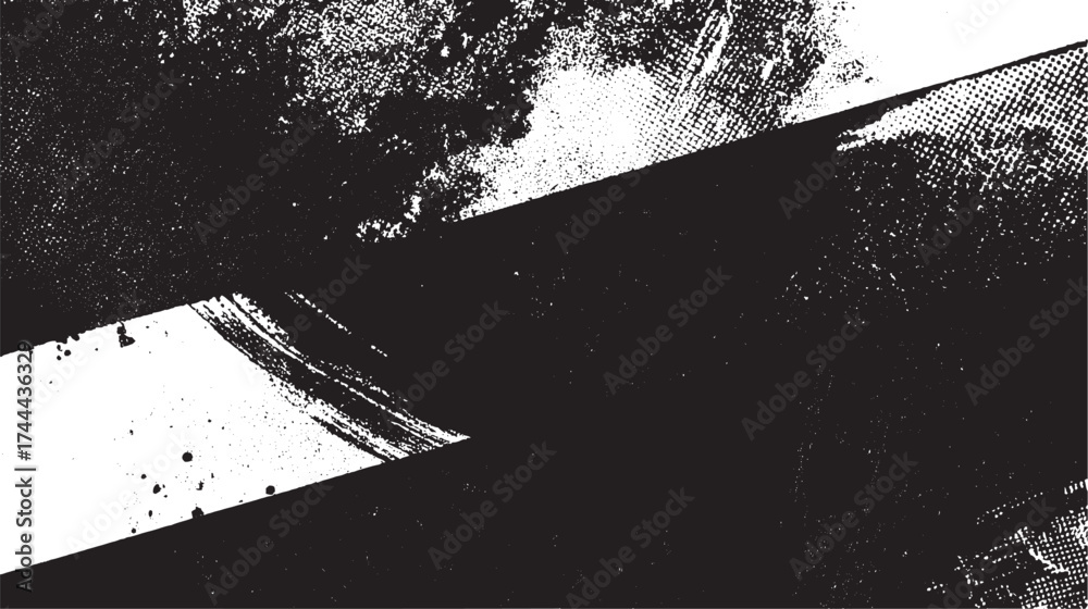 Fototapeta premium Grunge black and white urban vector texture. design brush strokes. Overlay texture. Faded black-white dyed paper texture white dust and scratches on a black background