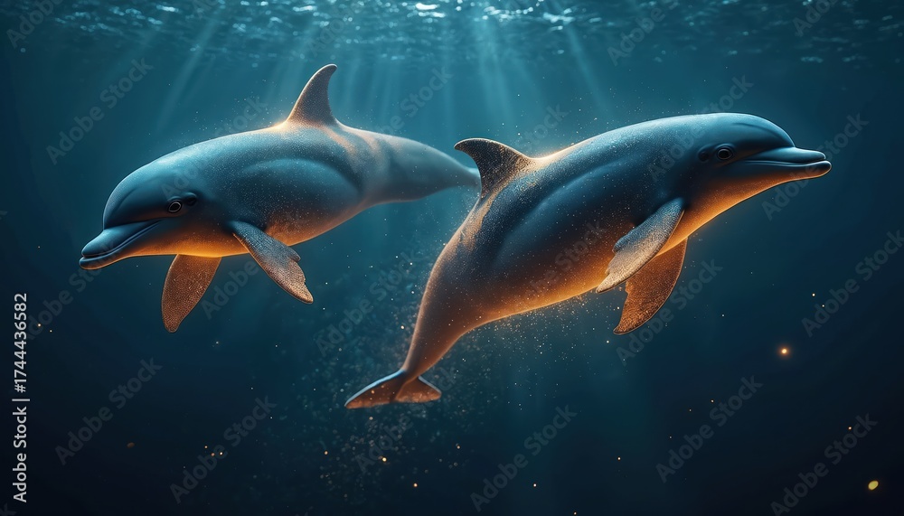 Fototapeta premium Two dolphins swim deep underwater in blue sea. Sun rays penetrate water surface creating magical glow on animal bodies. They move in unison gracefully.