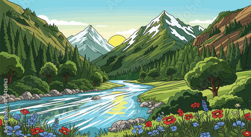 mountians with river in vector