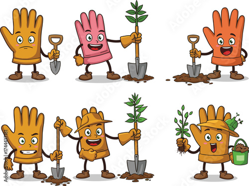Cartoon gardening gloves characters, cute anthropomorphic gloves, planting trees, watering plants, eco friendly illustration, children education, environmental awareness, teamwork concept,