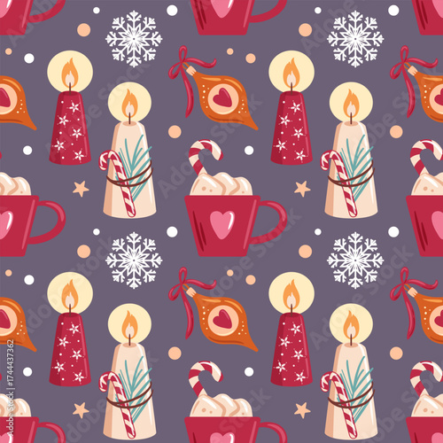 Seamless pattern featuring Christmas candles, tree ornaments, snowflakes, and hot chocolate topped with candy canes. This delightful design embodies the warmth and joy of the holiday season