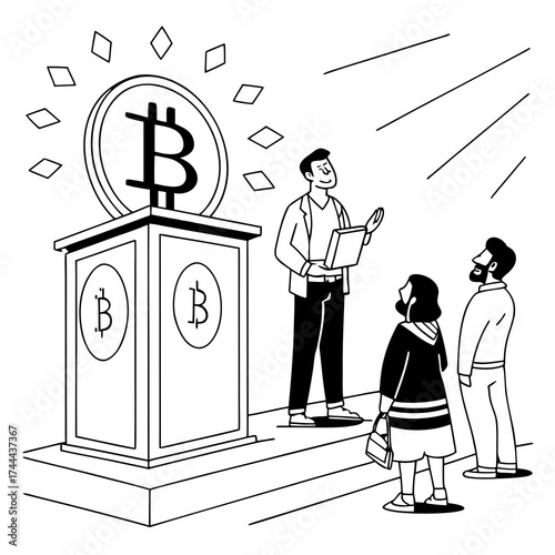 vector of glowing Bitcoin symbol on an altar, people looking up, metaphor for modern belief in technology
