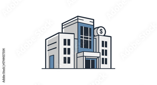 Modern bank building exterior with dollar sign symbolizing finance and wealth growth opportunities