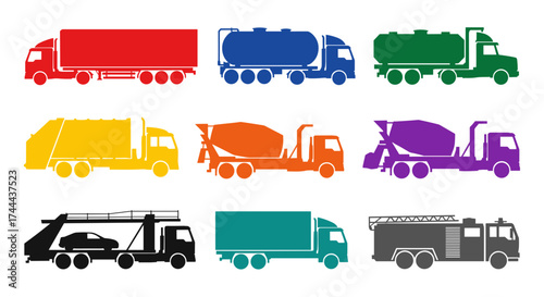 Diverse collection of colorful truck silhouettes for transportation and industry projects
