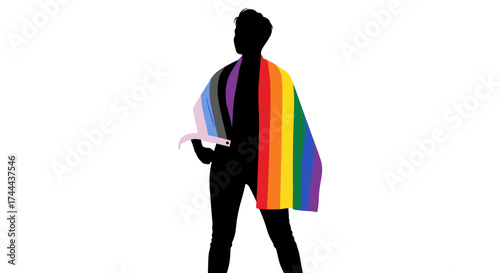 Confident individual draped in pride flag embodies diversity and inclusivity in powerful silhouette