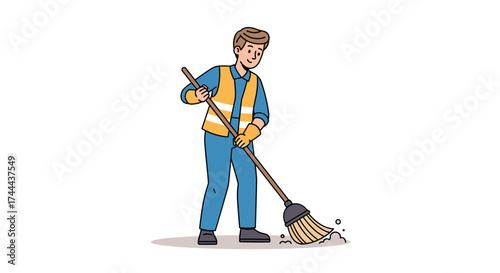 Dedicated cleaner diligently sweeping pathways, ensuring pristine outdoor spaces for community enjoyment.