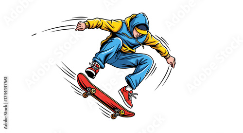Dynamic skateboarder performs aerial trick with vibrant energy and urban style