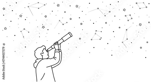 Curious explorer gazes through telescope at constellations and stars, seeking cosmic wonder.