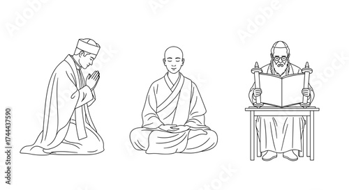 Contemplative monks meditating and praying with reverence, spirituality, and peaceful devotion