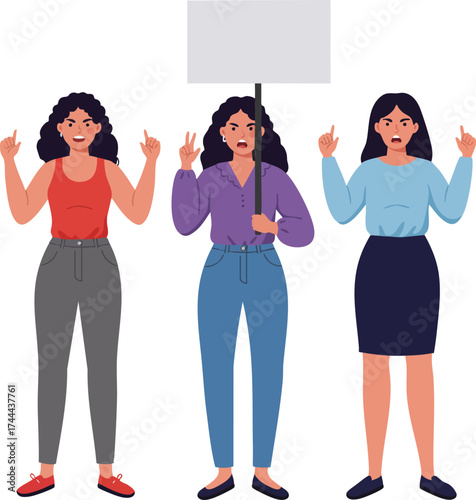 Young women holding blank sign and protesting together with determined expressions vector illustration 