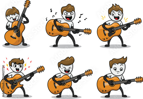 Cartoon guitar player, acoustic musician character, smiling guitarist illustration, happy music art, playful guitar design, creative musician pose, fun performance drawing