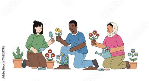 Diverse group joyfully cultivating vibrant flowers, fostering community growth and nature's beauty.