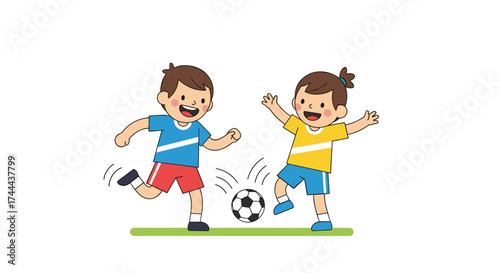Joyful kids actively playing soccer together on a sunny field, celebrating teamwork and fun