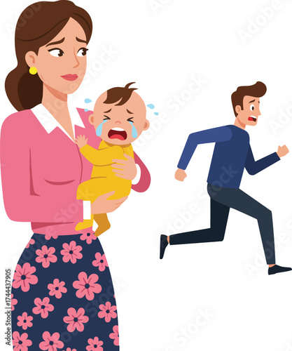 Mother comforting crying baby while man runs away stressed family conflict scene vector illustration 