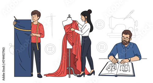 Talented designers craft elegant red gown on mannequin, inspiring creativity and fashion innovation.