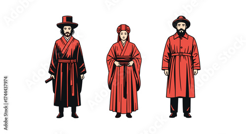 Diverse individuals in traditional red attire, representing cultural heritage and historical fashion styles.