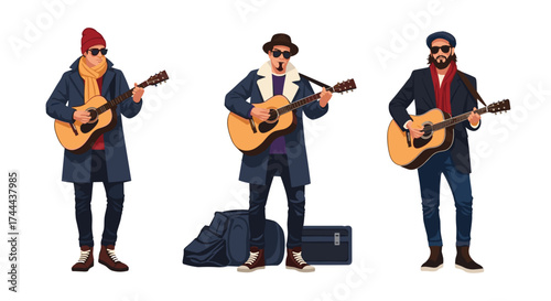Talented musicians rock out playing guitars creating vibrant street performance energy for lively crowds