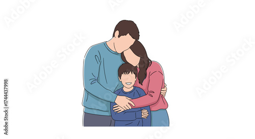 Loving parents embrace happy child creating warm, intimate family moments together forever