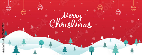 Merry Christmas winter landscape with tree and snow. Festive holiday banner background for greeting cards, posters, and web design. Cheerful Christmas vector illustration.