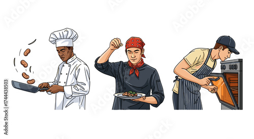 Skilled chefs expertly prepare diverse dishes, from sizzling pans to plated perfection and oven checks.