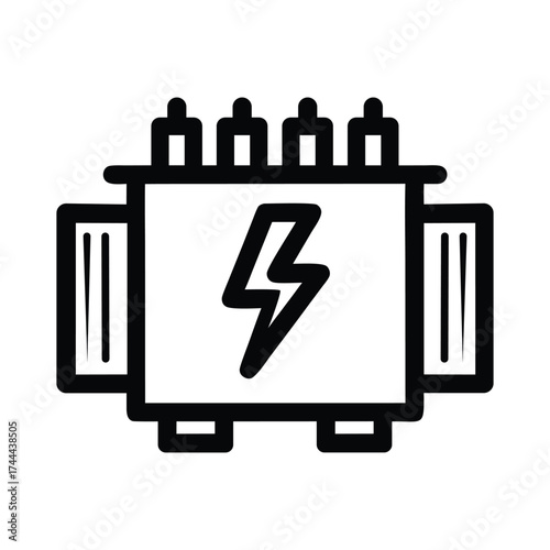 Vector art of black and white outline icon of an electrical transformer with a lightning bolt symbol