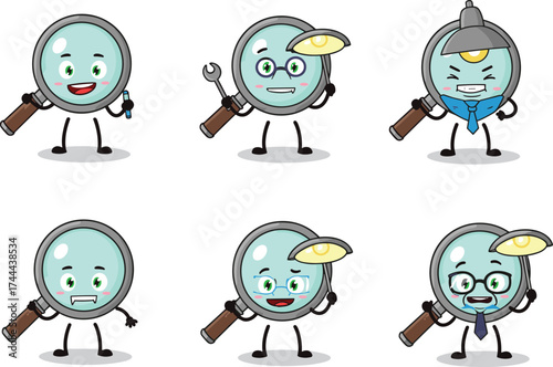 Cartoon magnifying glass characters, funny detective mascot, professional worker illustration, emotional expressions, cute gadget faces, mechanic miner office worker, digital tool icons