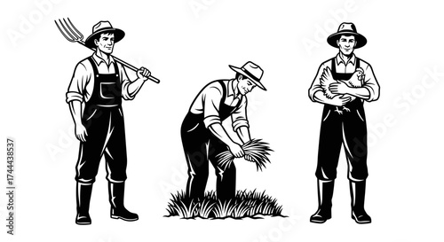 Three farmers depicted in vintage style, working the land and holding livestock for agricultural themes.