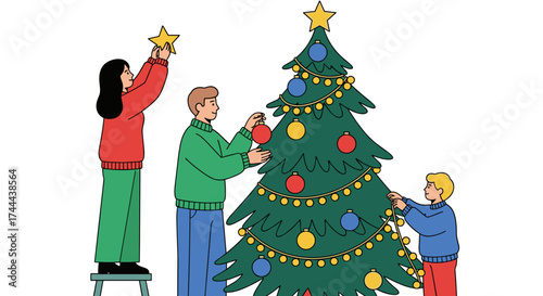 Joyful family decorates Christmas tree together, creating cherished holiday memories and festive spirit.