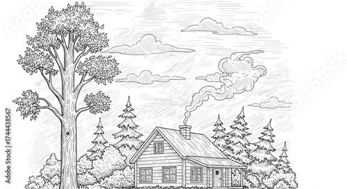 Cozy rustic cabin nestled amongst pine trees with smoke rising from chimney, peaceful nature scene.