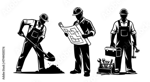 Skilled construction workers with tools and blueprints, embodying industry diligence and project planning success.