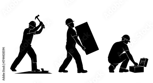 Construction worker silhouettes showing building, carrying materials, and using tools for project success