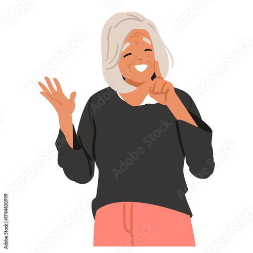 Happy smiling grey-haired elderly woman having idea pointing finger up isolated portrait on white
