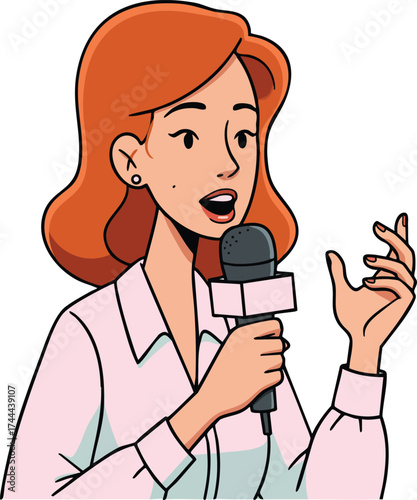 Woman reporter with microphone speaking and gesturing in broadcast interview vector illustration 