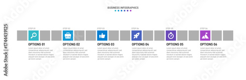 Progress bar featuring 6 arrow-shaped elements, symbolizing the six stages of business strategy and progression. Clean timeline infographic design template. Vector for mobile presentation.