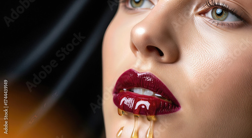 - Woman licking lips as honey drips against black background