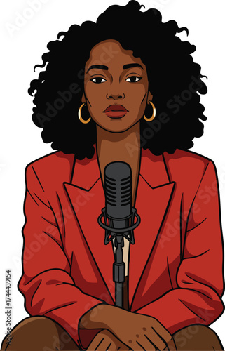 Woman with afro hairstyle speaking into microphone in red jacket vector illustration portrait 