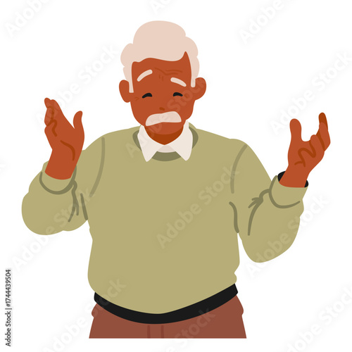 Amazed senior man cartoon character gesturing arms feeling overwhelmed isolated portrait on white