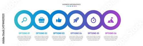 Progress bar featuring 6 arrow-shaped elements, symbolizing the six stages of business strategy and progression. Clean timeline infographic design template. Vector for mobile presentation.