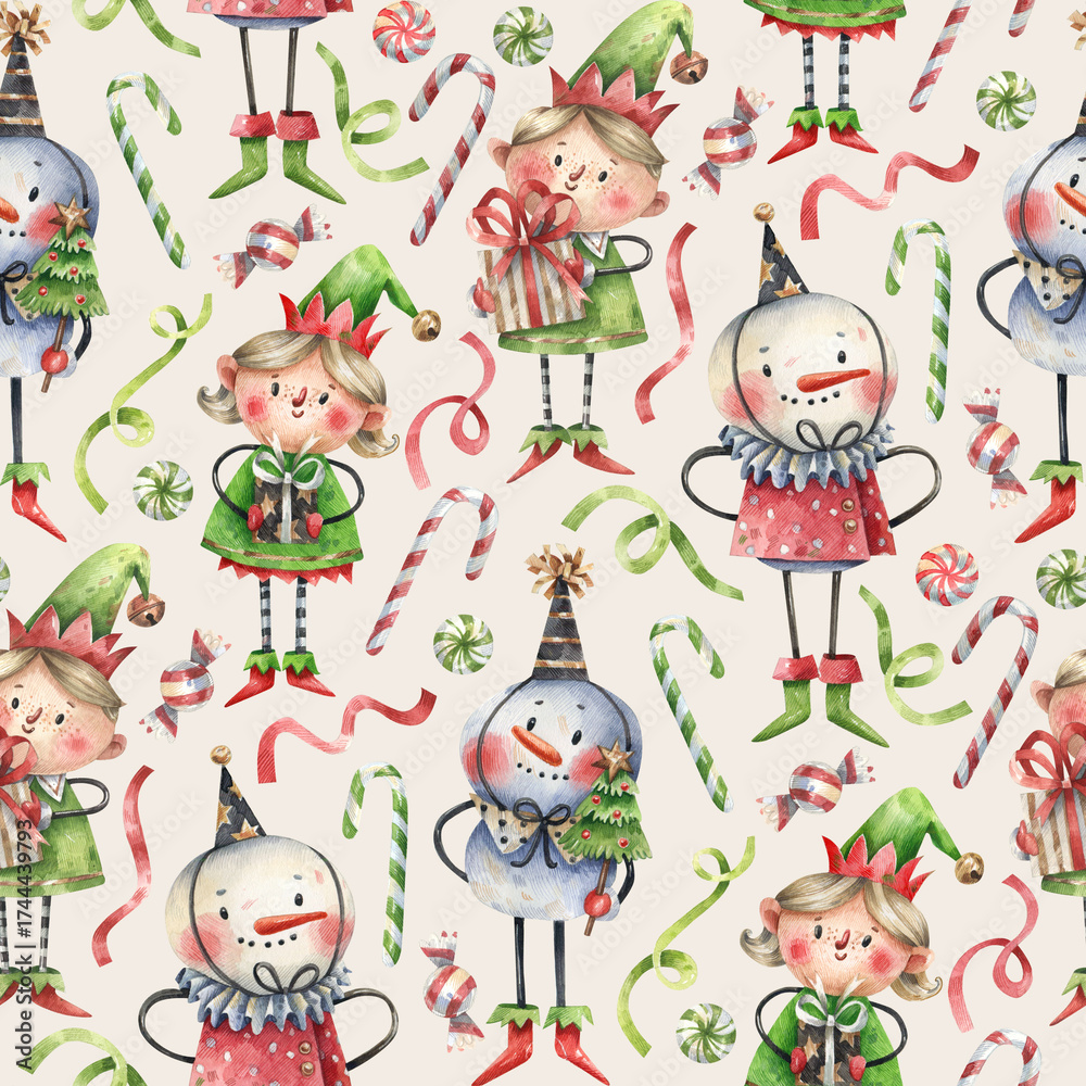 Fototapeta premium Seamless watercolor Christmas pattern with cute elves, toys, candy canes, ribbons, and festive details. Hand-painted holiday design full of joy and whimsy for wrapping and decor.