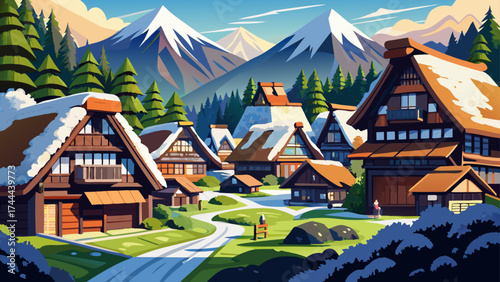 The Shirakawa-go and Gokayama Villages in Japan reveal steep thatched-roof houses, nestled among snow-capped mountains, reflecting harmony between human resilience and natural landscape.