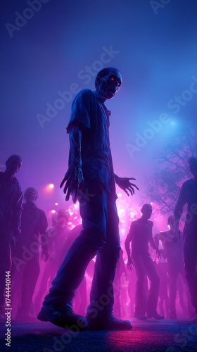 Halloween nightmares: clubbing with zombies. Film poster. Illuminated graveyard gala: zombies revel under dj's spell. Hero poster. Movie cover.
