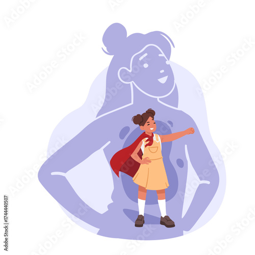 Adult woman silhouette with little girl inner child standing in superhero pose wearing red cape