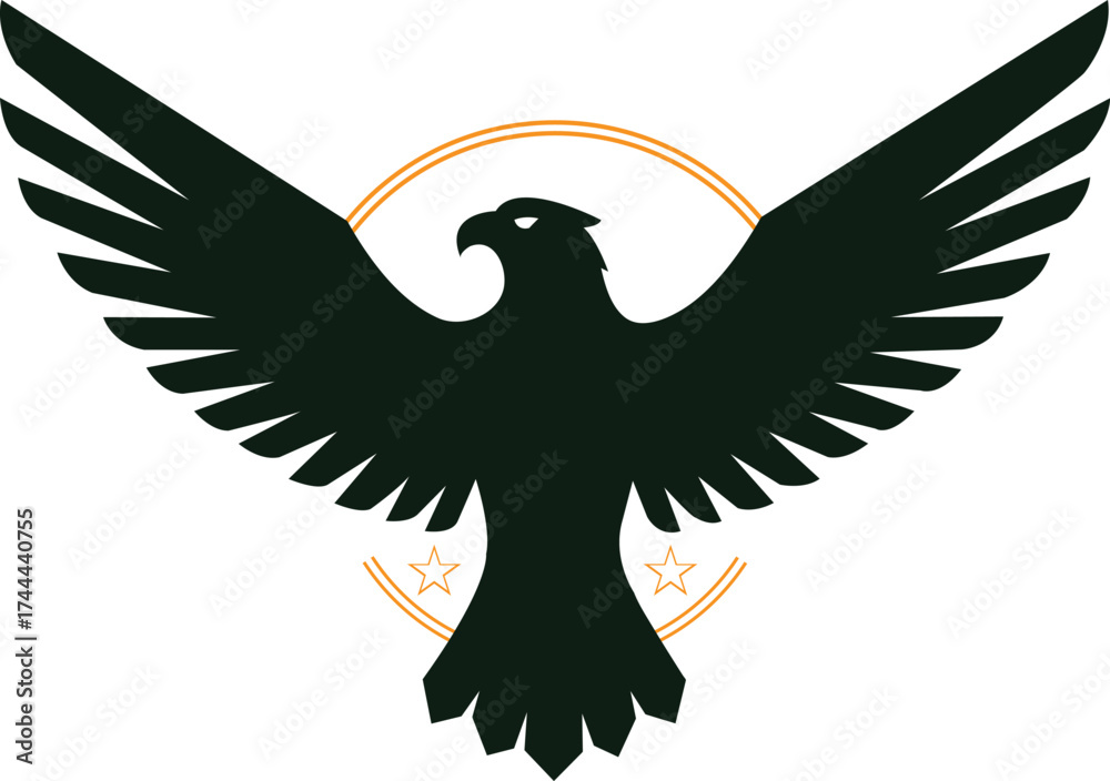 Fototapeta premium Silhouette of a majestic eagle with outstretched wings and a golden halo against a white background symbolizing power and freedom